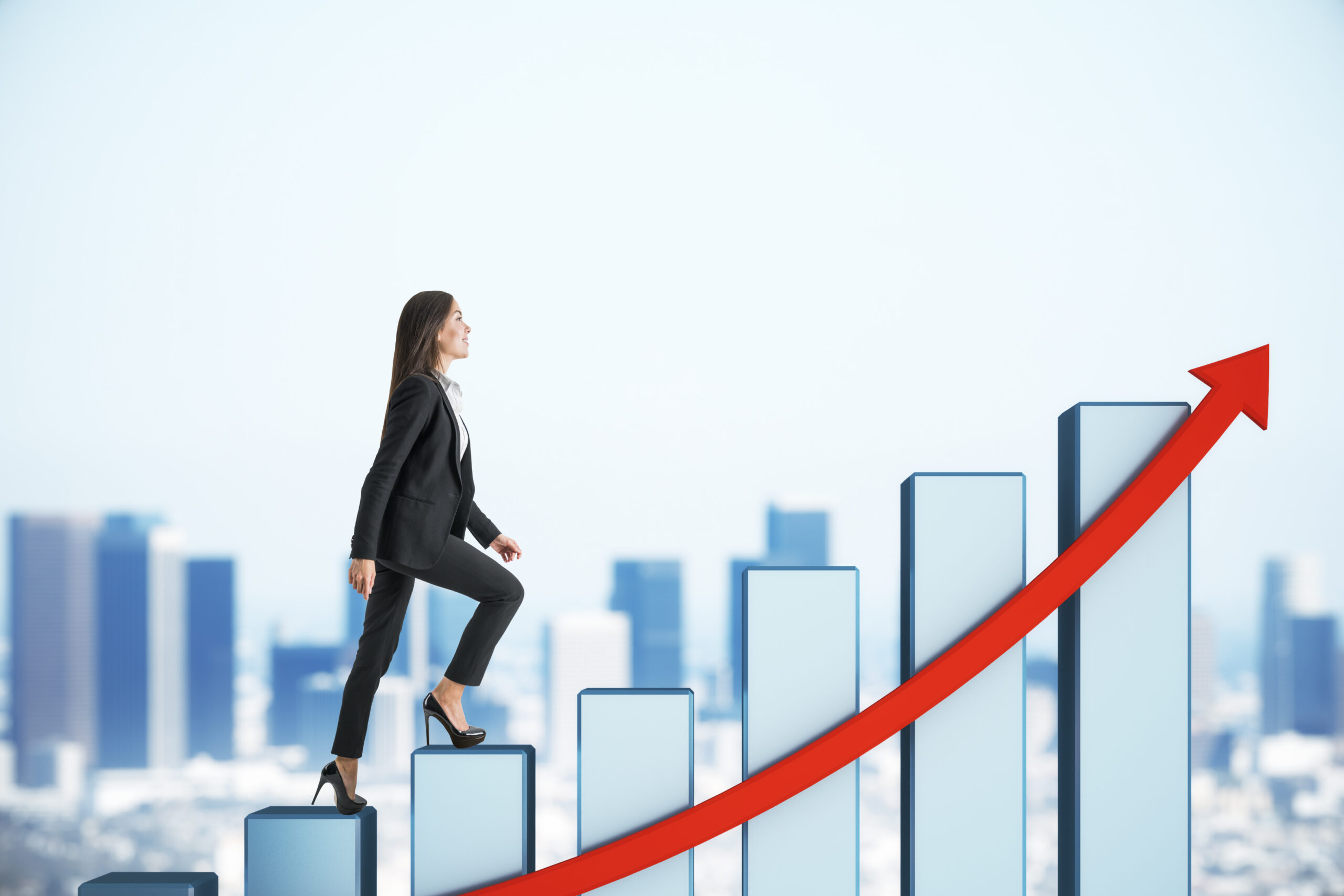 A businesswoman steps up a bar graph that forms stairs with an upward-pointing red arrow showing career growth.