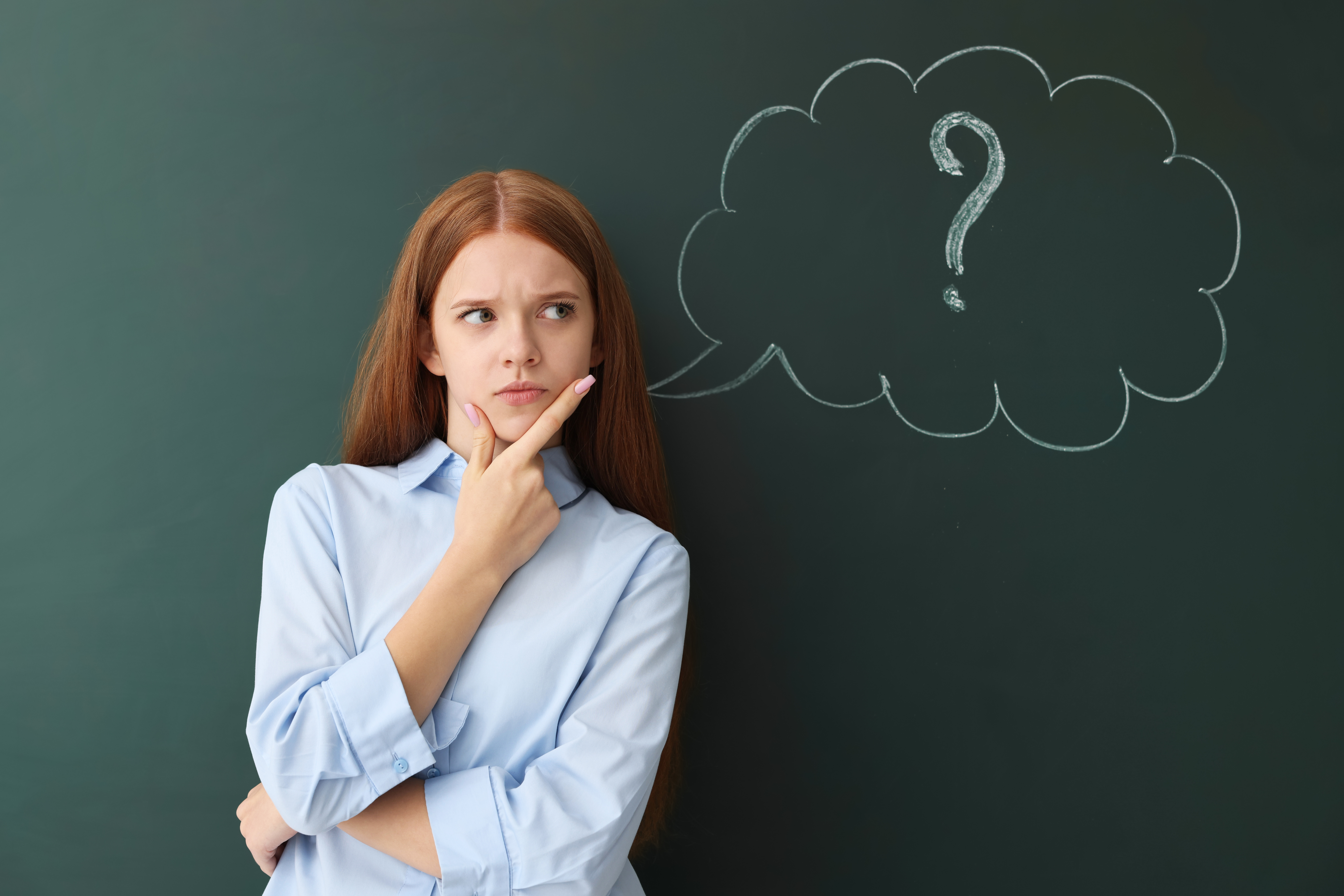 A young professional contemplating a job promotion, her hand resting on her chin, with a large question mark inside a thought bubble.